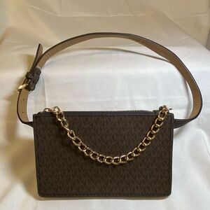Michael Kors Brown Adjustable Waist Belt Bag with Signature MK Gold Chain Pull